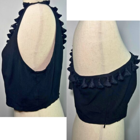 LULUS Black Tassel One-Shoulder Crop Top Size L - Picture 4 of 8